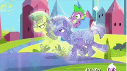 Size: 576x324 | Tagged: safe, screencap, amethyst stone, radiant gold, spike, crystal pony, dragon, pony, equestria games (episode), g4, animated, armor, chair, crystal guard, crystal guard armor, guard, hub logo, hubble, male, running, stallion, the hub, trio