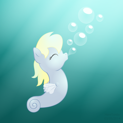 Size: 1500x1500 | Tagged: safe, artist:haretrinity, derpy hooves, sea pony, g4, blowing bubbles, bubble, cute, derpabetes, female, solo, species swap, underwater