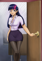 Size: 2407x3524 | Tagged: safe, artist:king-kakapo, artist:kinkypinkie, twilight sparkle, human, g4, breasts, busty twilight sparkle, clothes, colored, door, female, high res, humanized, office, office lady, pantyhose, secretary, skirt, solo, wide hips