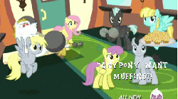Size: 576x324 | Tagged: safe, edit, edited screencap, screencap, bulk biceps, derpy hooves, fluttershy, helia, lucky clover, parasol, rainbow dash, thunderlane, pegasus, pony, equestria games (episode), g4, all new, animated, barbell, caption, female, flying, hub logo, hubble, male, mare, muffin, stallion, text, the hub, weight lifting, weights, wing-ups