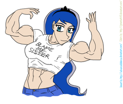 Size: 734x626 | Tagged: safe, artist:advanceddefense, artist:greentark46, idw, princess luna, human, g4, blame my sister, colored, female, flexing, humanized, magic shirt, midriff, muscles, princess muscle moona, simple background, solo