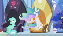 Size: 1022x575 | Tagged: safe, edit, edited screencap, screencap, lyra heartstrings, princess celestia, princess luna, equestria games, g4, hub logo, needs more jpeg, sitting, sitting lyra, the equestria games, throne