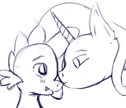 Size: 1091x935 | Tagged: safe, artist:sciencepone, spike, trixie, dragon, pony, unicorn, g4, blushing, bust, female, kissing, looking at each other, male, mare, monochrome, scrunchy face, ship:spixie, shipping, smiling, straight