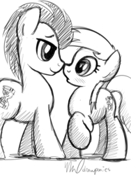 Size: 1500x2000 | Tagged: safe, artist:drawponies, derpy hooves, doctor whooves, time turner, pegasus, pony, g4, bedroom eyes, blushing, boop, cute, eye contact, female, male, mare, monochrome, noseboop, nuzzling, raised hoof, ship:doctorderpy, shipping, smiling, straight, wingless