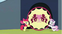 Size: 576x324 | Tagged: safe, screencap, apple bloom, bulk biceps, derpy hooves, fluttershy, rainbow dash, scootaloo, sweetie belle, pegasus, pony, equestria games (episode), g4, animated, cutie mark crusaders, equestria games, female, flag, hoop, hub logo, hubble, mare, scootaloo can't fly, scooter, the hub