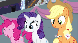 Size: 576x324 | Tagged: safe, screencap, applejack, pinkie pie, rarity, equestria games (episode), g4, animated, cheering, equestria games, female, hub logo, hubble, the hub