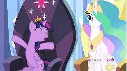 Size: 576x324 | Tagged: safe, screencap, princess celestia, twilight sparkle, alicorn, pony, equestria games (episode), g4, :o, adorkable, all new, animated, cheering, cute, dork, equestria games, eye contact, female, grin, hair over one eye, hub logo, hubble, mare, new crown, nodding, raised hoof, sitting, smiling, squee, the hub, throne, twiabetes, twilight sparkle (alicorn), wide eyes