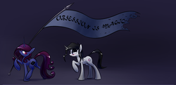 Size: 1917x927 | Tagged: safe, artist:underpable, oc, oc only, oc:maneia, oc:nocturna, pony, unicorn, banner, duo, flag, horn, obsession is magic