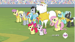 Size: 576x324 | Tagged: safe, screencap, apple bloom, bulk biceps, derpy hooves, fluttershy, helia, lucky clover, parasol, rainbow dash, scootaloo, sweetie belle, thunderlane, pegasus, pony, equestria games (episode), g4, animated, cutie mark crusaders, equestria games, female, filly, foal, helmet, hub logo, hubble, male, mare, scooter, stallion, the hub