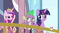 Size: 1920x1080 | Tagged: safe, screencap, princess cadance, spike, twilight sparkle, alicorn, pony, equestria games (episode), g4, female, grin, hub logo, leaning, lidded eyes, looking back, mare, physique difference, slender, smiling, thin, twilight sparkle (alicorn)