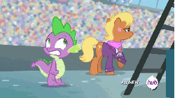 Size: 576x324 | Tagged: safe, screencap, ms. harshwhinny, spike, equestria games (episode), g4, all new, animated, equestria games, hub logo, hubble, ladder, the hub