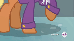 Size: 576x324 | Tagged: safe, screencap, ms. harshwhinny, spike, dragon, earth pony, pony, equestria games (episode), g4, all new, animated, clothes, equestria games, female, frown, glare, horses doing horse things, hub logo, hubble, ladder, mare, stomping, the hub