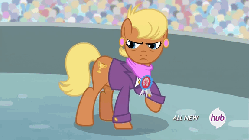 Size: 576x324 | Tagged: safe, screencap, ms. harshwhinny, earth pony, pony, equestria games (episode), g4, all new, animated, clothes, equestria games, female, frown, glare, horses doing horse things, hub logo, hubble, mare, solo, stomping, talking, the hub