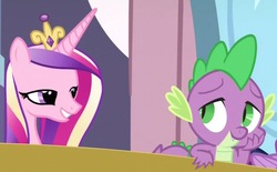 Size: 1076x668 | Tagged: safe, screencap, princess cadance, spike, equestria games (episode), g4, grin, leaning, lidded eyes, looking back, out of context, smiling