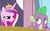 Size: 1076x668 | Tagged: safe, screencap, princess cadance, spike, equestria games, g4, grin, leaning, lidded eyes, looking back, out of context, smiling