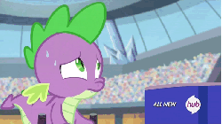 Size: 576x324 | Tagged: safe, screencap, spike, equestria games (episode), g4, animated, equestria games, hub logo, hubble, male, solo, the hub