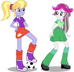 Size: 3380x3272 | Tagged: safe, artist:punzil504, blossomforth, cloud kicker, cloudy kicks, equestria girls, g4, background human, boots, clothes, duo, duo female, equestria girls-ified, female, football, high heel boots, high res, shoes, simple background, transparent background, twilight sparkle's boots, vector