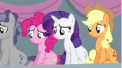 Size: 576x324 | Tagged: safe, screencap, applejack, pinkie pie, rarity, star bright, earth pony, pony, unicorn, equestria games (episode), g4, animated, covering eyes, equestria games, female, hubble, male, mare, sitting, stallion
