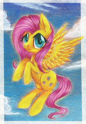 Size: 2328x3344 | Tagged: safe, artist:0okami-0ni, fluttershy, g4, female, flying, high res, looking at you, solo, traditional art