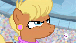 Size: 576x324 | Tagged: safe, screencap, ms. harshwhinny, earth pony, pony, equestria games (episode), g4, animated, annoyed, equestria games, female, glare, hub logo, hubble, solo, the hub