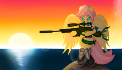 Size: 4000x2300 | Tagged: safe, artist:jcace, fluttershy, pegasus, pony, g4, bipedal, cutie mark, female, gun, hooves, mare, optical sight, rifle, sniper, sniper rifle, solo, spread wings, sun, weapon, wings