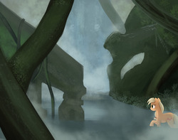 Size: 1280x1011 | Tagged: safe, artist:deltalinwie, applejack, g4, female, fog, hatless, missing accessory, ruins, scenery, solo, water