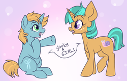 Size: 625x397 | Tagged: safe, artist:lulubell, snails, snips, pony, unicorn, g4, bokeh, bucktooth, dialogue, duo, duo female, female, filly, foal, freckles, gradient background, horn, pointing, raised leg, rule 63, sitting, speech bubble, spice, standing, sugar, talking in unison, transformation, transgender transformation