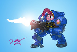 Size: 1914x1311 | Tagged: safe, artist:hotdog, pinkie pie, g4, cupcake, cutie mark, female, gauss rifle, marine, powered exoskeleton, solo, starcraft, starcraft 2