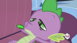 Size: 1280x720 | Tagged: safe, screencap, spike, equestria games, g4, my little pony: friendship is magic, gem, hub logo, male, solo, stoner spike, sucking