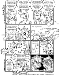 Size: 786x1016 | Tagged: safe, artist:taekwon-magic, apple bloom, oc, oc:bubbles bath, oc:frozen rose, oc:sweet steps, oc:taekwon magic, g4, comic, monochrome, spanish