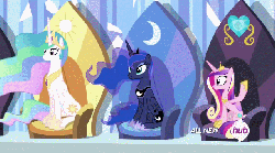 Size: 639x355 | Tagged: safe, screencap, princess cadance, princess celestia, princess luna, twilight sparkle, alicorn, pony, equestria games (episode), g4, alicorn tetrarchy, animated, cute, equestria games, female, frown, grin, height difference, hub logo, mare, nervous, new crown, sisters-in-law, sitting, slender, smile and wave, smiling, squee, thin, throne, twilight sparkle (alicorn), waving