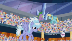 Size: 1920x1080 | Tagged: safe, screencap, cloudchaser, helia, spike, equestria games (episode), g4, all new, equestria games, hub logo, ice, stadium, text, trampoline