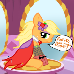 Size: 800x800 | Tagged: safe, artist:jolteongirl, applejack, g4, carousel boutique, clothes, dress, female, sitting, solo