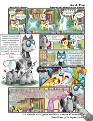 Size: 786x1016 | Tagged: safe, artist:taekwon-magic, octavia melody, turf, oc, oc:atomic ponybot, oc:frozen rose, oc:taekwon magic, g4, comic, spanish