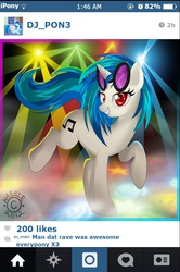 Size: 640x961 | Tagged: safe, dj pon-3, vinyl scratch, g4, female, instagram, rave, selfie, solo