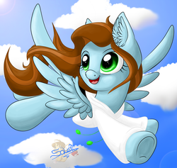 Size: 800x758 | Tagged: safe, artist:unisoleil, oc, oc only, oc:jaden, pegasus, pony, clothes, cloud, day, female, flying, looking up, mare, pegasus oc, sky, solo, wings