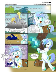 Size: 786x1015 | Tagged: safe, artist:taekwon-magic, derpy hooves, oc, oc:frozen rose, bird, pegasus, penguin, pony, unicorn, g4, comic, female, mare, spanish