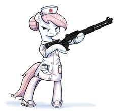 Size: 1000x870 | Tagged: safe, artist:king-kakapo, nurse redheart, pony, g4, benelli m4, bipedal, clothes, equestrian healthcare, female, gun, shotgun, solo