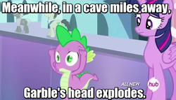 Size: 841x480 | Tagged: safe, edit, edited screencap, screencap, colton john, garble, levon song, lucky breaks, spike, twilight sparkle, alicorn, dragon, pony, equestria games, g4, :o, caption, crystal empire, female, hub logo, image macro, implied death, mare, meme, pstandard psychic pstance, psychic powers, psychic spike, twilight sparkle (alicorn)