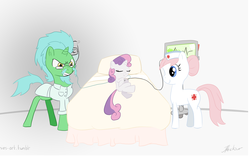 Size: 5192x3245 | Tagged: safe, artist:ask-sketch-up, nurse redheart, sweetie belle, oc, oc:deep injection, g4, bed, ekg, electrocardiogram, frown, hospital, iv, sleeping