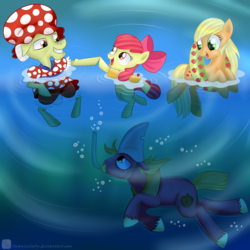 Size: 1200x1200 | Tagged: safe, artist:swanlullaby, apple bloom, applejack, big macintosh, granny smith, earth pony, pony, g4, apple family, floaty, male, stallion, swimming, underwater, water wings