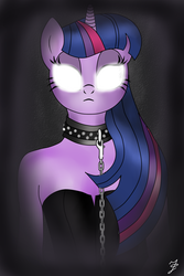 Size: 683x1024 | Tagged: safe, artist:reborn-f, twilight sparkle, anthro, g4, clothes, collar, female, glowing eyes, solo