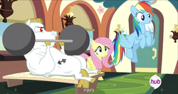 Size: 1440x762 | Tagged: safe, screencap, bulk biceps, fluttershy, rainbow dash, equestria games, g4, barbell, friendship express, hub logo, meme, weights, youtube caption