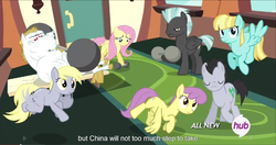 Size: 1536x814 | Tagged: safe, screencap, bulk biceps, derpy hooves, fluttershy, helia, lucky clover, parasol, thunderlane, pegasus, pony, equestria games, g4, china, chinglish, engrish, female, hub logo, mare, meme, youtube caption