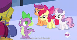 Size: 1535x812 | Tagged: safe, screencap, apple bloom, scootaloo, spike, sweetie belle, equestria games (episode), g4, cutie mark crusaders, hub logo, meme, youtube caption