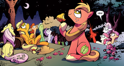 Size: 1040x556 | Tagged: safe, artist:andypriceart, idw, official comic, apple bloom, applejack, big macintosh, fluttershy, scootaloo, sweetie belle, earth pony, pony, g4, spoiler:comic, spoiler:comic10, cutie mark crusaders, male, stallion, unnamed character, unnamed pony