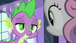 Size: 968x548 | Tagged: safe, screencap, spike, sweetie belle, equestria games (episode), g4, lidded eyes, out of context