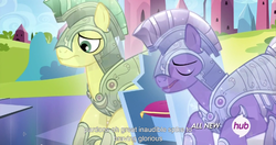 Size: 1535x812 | Tagged: safe, screencap, crystal pony, pony, equestria games (episode), g4, armor, crystal guard, crystal guard armor, guard, hub logo, meme, youtube caption