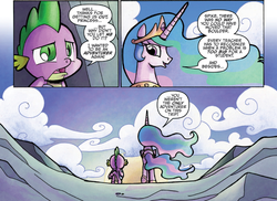 Size: 1400x1017 | Tagged: safe, idw, official comic, princess celestia, spike, alicorn, dragon, pony, friends forever #3, g4, my little pony: friends forever, spoiler:comic, comic, duo, duo male and female, ethereal mane, female, male, mare, speech bubble