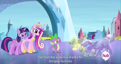 Size: 1536x811 | Tagged: safe, screencap, princess cadance, spike, twilight sparkle, alicorn, crystal pony, pony, equestria games (episode), g4, armor, crystal guard, crystal guard armor, female, guard, hub logo, mare, meme, physique difference, sisters-in-law, slender, thin, twilight sparkle (alicorn), youtube caption
